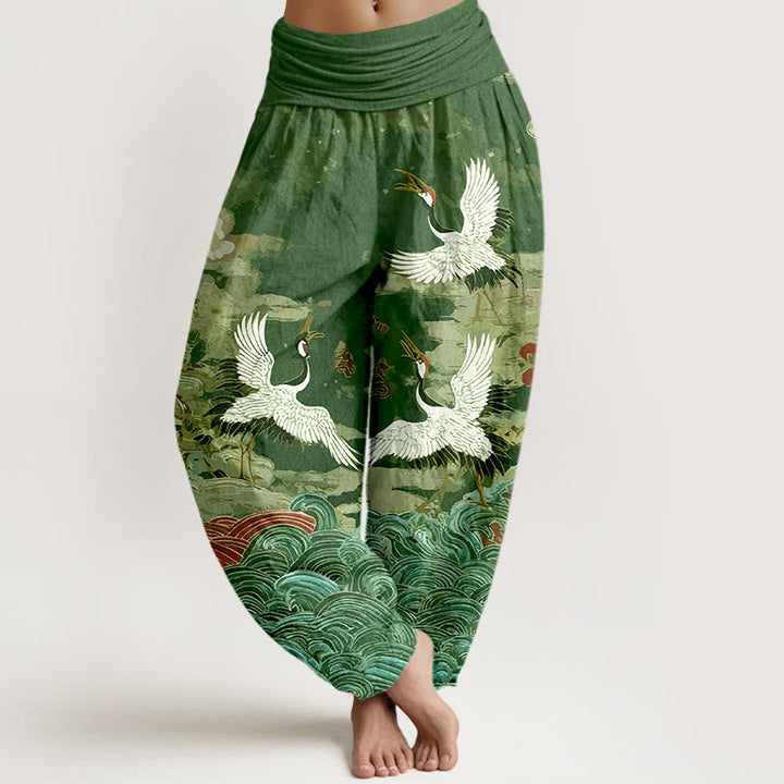 Pantalon harem femme en coton à taille élastique, motif grues, vagues et nuages, style classique, avec Buddha Stones - Vert - US16，UK/AU20，EU48 (3XL) - image 5