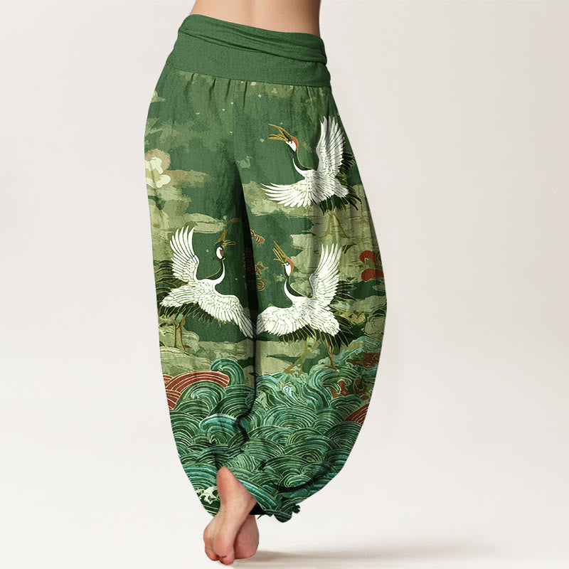 Pantalon harem femme en coton à taille élastique, motif grues, vagues et nuages, style classique, avec Buddha Stones - image 6