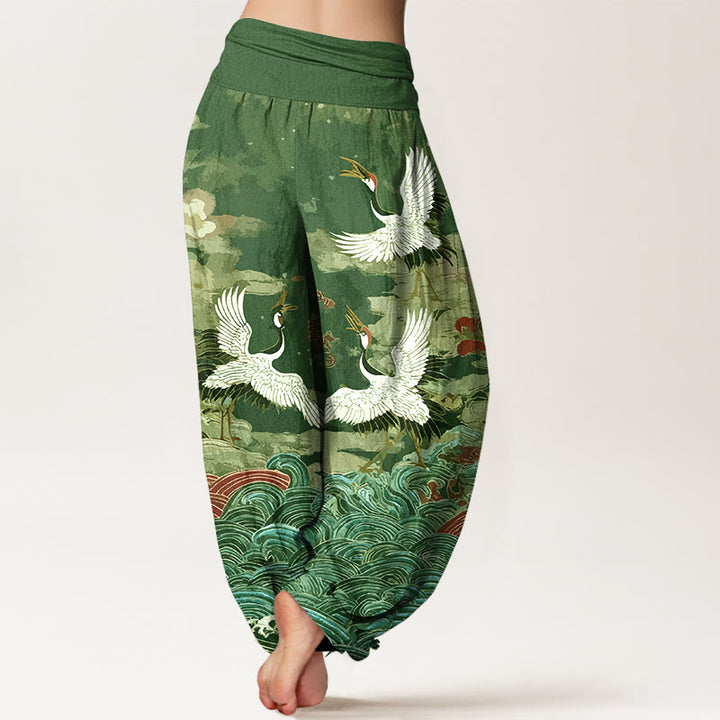 Pantalon harem femme en coton à taille élastique, motif grues, vagues et nuages, style classique, avec Buddha Stones - image 6