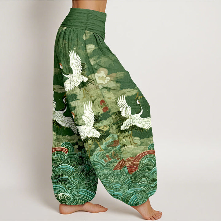 Pantalon harem femme en coton à taille élastique, motif grues, vagues et nuages, style classique, avec Buddha Stones - image 7