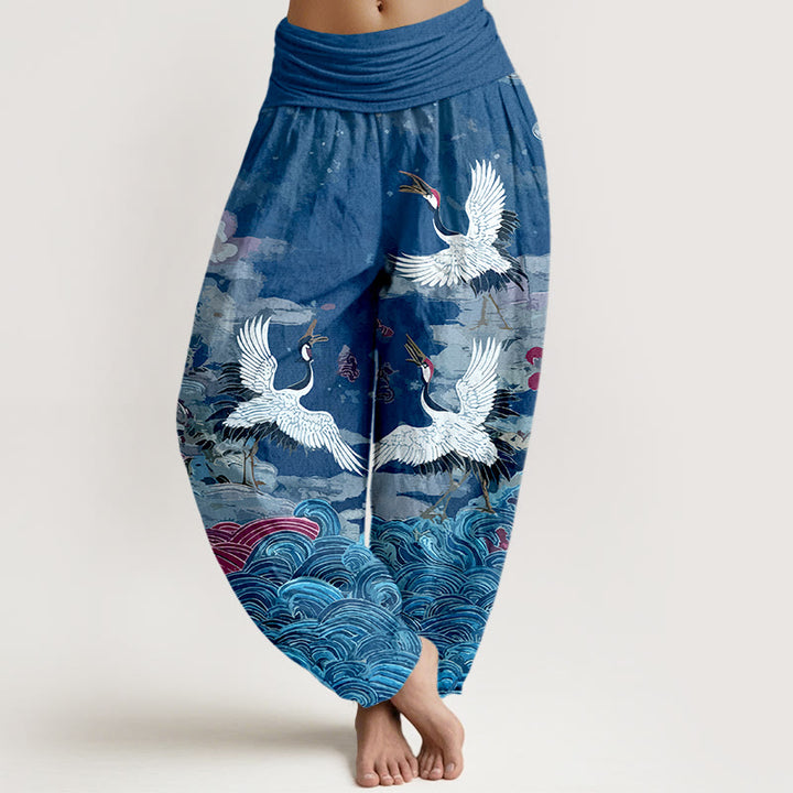 Pantalon harem femme en coton à taille élastique, motif grues, vagues et nuages, style classique, avec Buddha Stones - Bleu royal - US16，UK/AU20，EU48 (3XL) - image 8