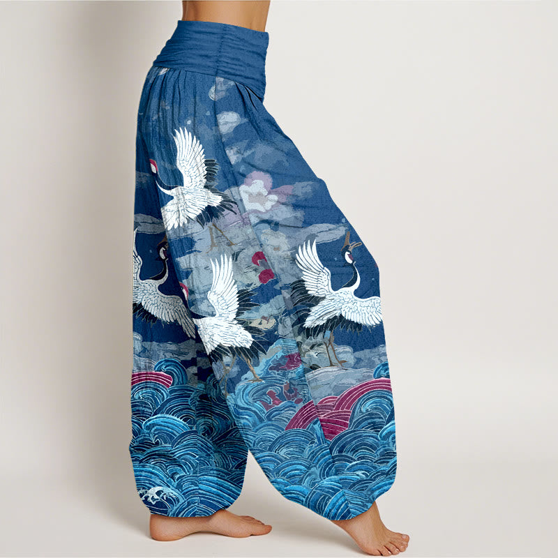 Pantalon harem femme en coton à taille élastique, motif grues, vagues et nuages, style classique, avec Buddha Stones - image 10