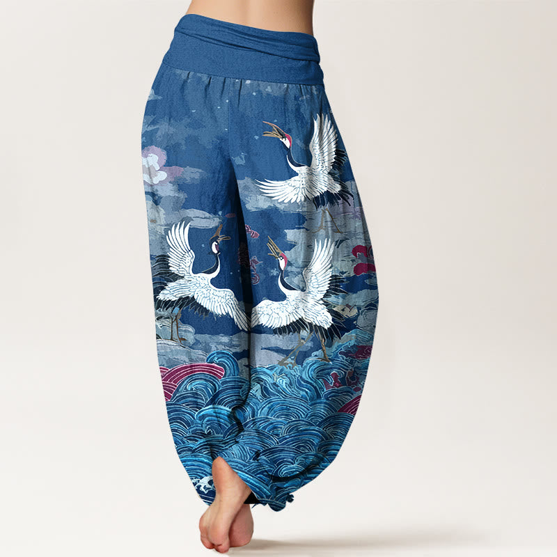 Pantalon harem femme en coton à taille élastique, motif grues, vagues et nuages, style classique, avec Buddha Stones - image 9
