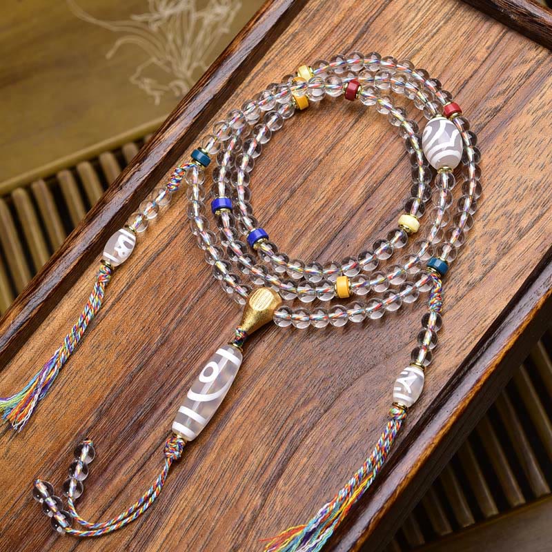 Buddha Stones 108 perles Liuli cristal Dzi perle Agate bénédictions gland Mala - Perle Dzi blanche - 6 mm - image 13