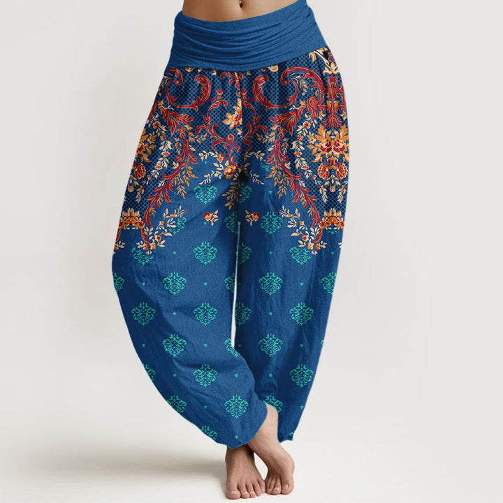 Pantalon harem à taille élastique pour femme, en coton à motif de feuilles symétriques et de Buddha Stones - Bleu - US16，UK/AU20，EU48 (3XL) - image 0