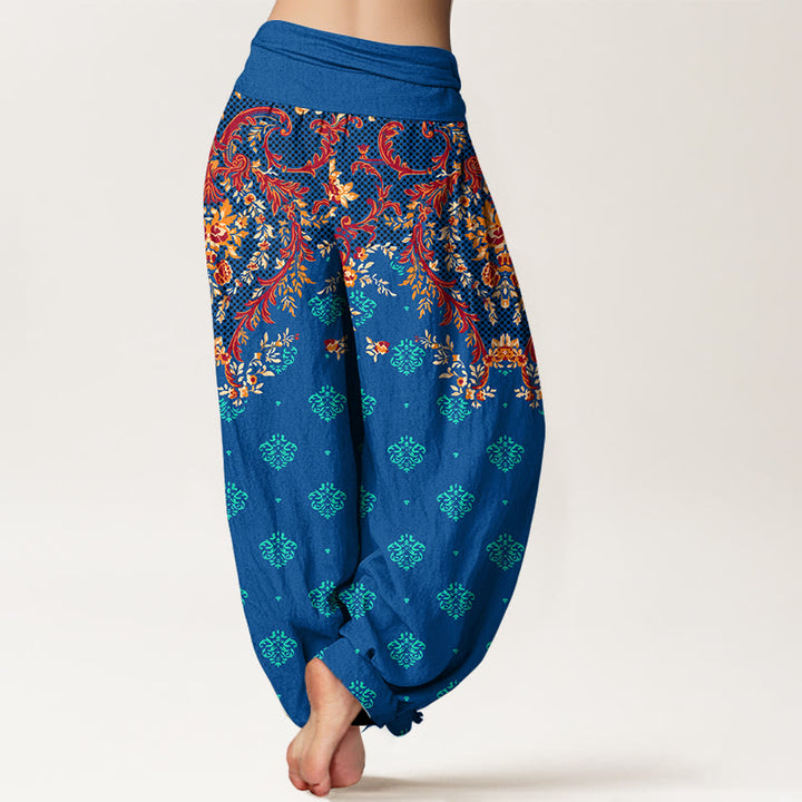 Pantalon harem à taille élastique pour femme, en coton à motif de feuilles symétriques et de Buddha Stones - image 1
