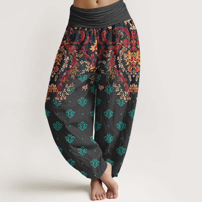 Pantalon harem à taille élastique pour femme, en coton à motif de feuilles symétriques et de Buddha Stones - Noir - US16，UK/AU20，EU48 (3XL) - image 5