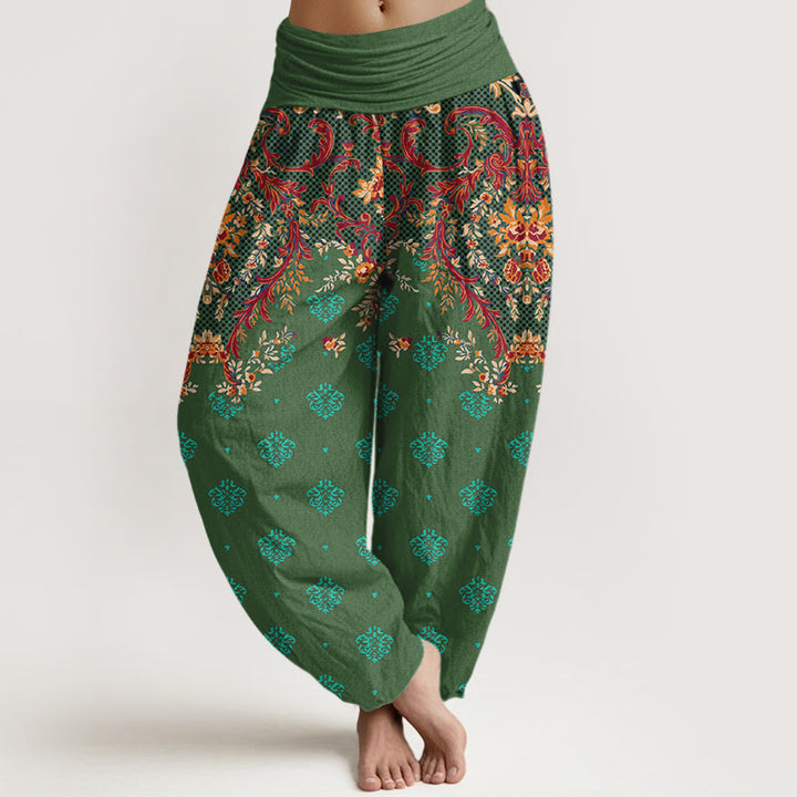 Pantalon harem à taille élastique pour femme, en coton à motif de feuilles symétriques et de Buddha Stones - Vert - US16，UK/AU20，EU48 (3XL) - image 8