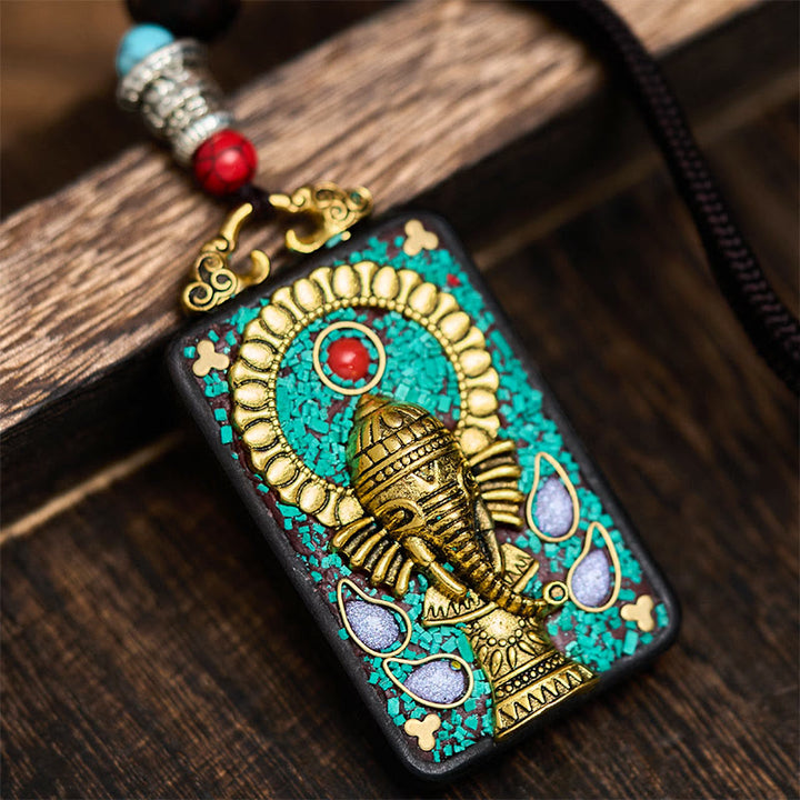Buddha Stones, Ganesh tibétain, Ganpati, éléphant, bois d'ébène, corde, collier de paix, pendentif, collier de paix - Un style - image 0