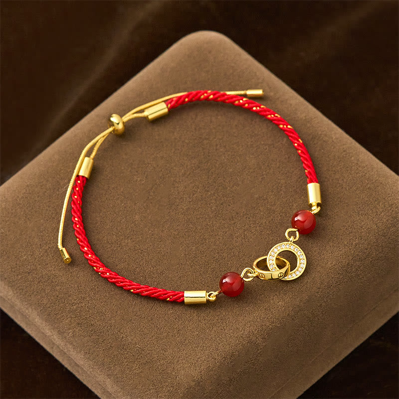 Bracelet de protection en cuivre plaqué or avec boucles de paix et Buddha Stones reliées par un cordon rouge - Cordon rouge (Tour de poignet : 14-22 cm) - image 0