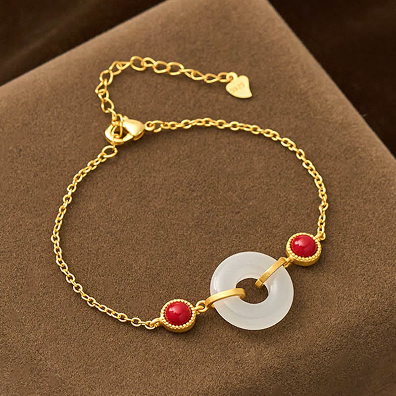 Bracelet de protection en jade blanc Hetian plaqué or et cuivre, orné d'une boucle de paix et de Buddha Stones - Jade blanc de Hetian (Tour de poignet : 19-23 cm) - image 0