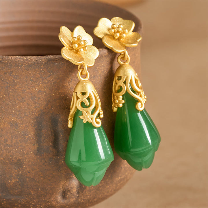 Boucles d'oreilles en cuivre plaqué or, motif fleur de magnolia et Buddha Stones , jaspe vert et balance. - Jaspe vert (Dimensions des boucles d'oreilles : 1 x 3,5 cm) - image 0