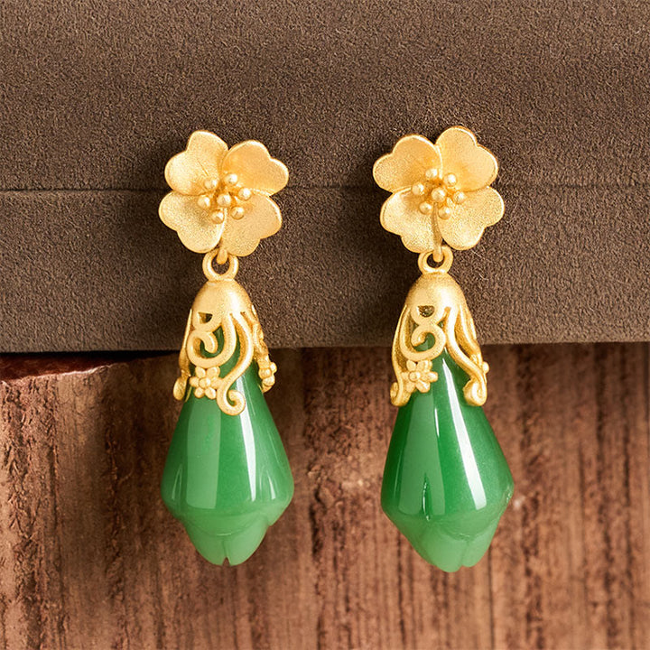 Boucles d'oreilles en cuivre plaqué or, motif fleur de magnolia et Buddha Stones , jaspe vert et balance. - image 2