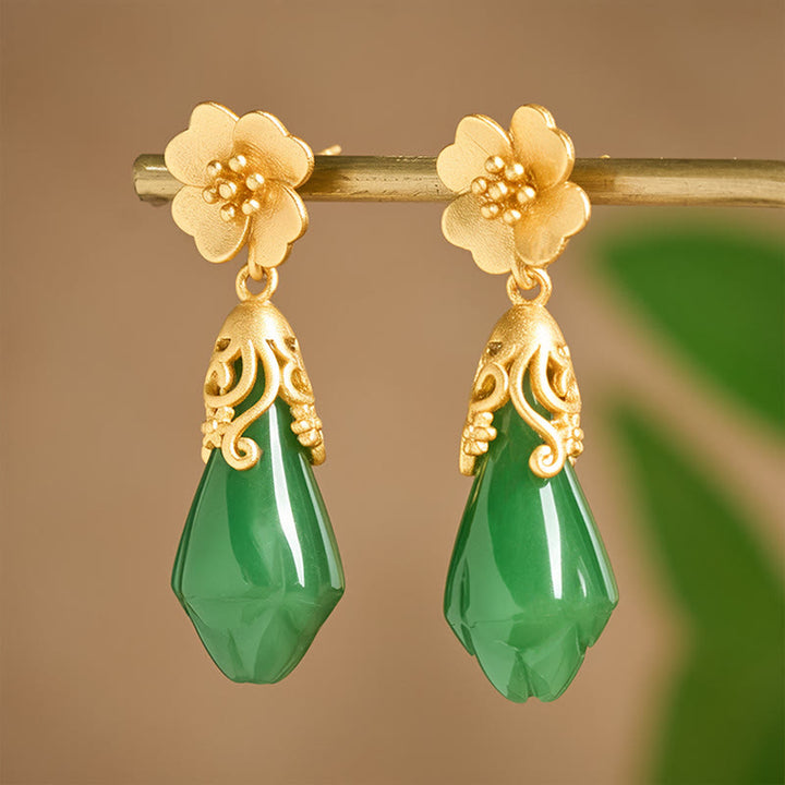 Boucles d'oreilles en cuivre plaqué or, motif fleur de magnolia et Buddha Stones , jaspe vert et balance. - image 3