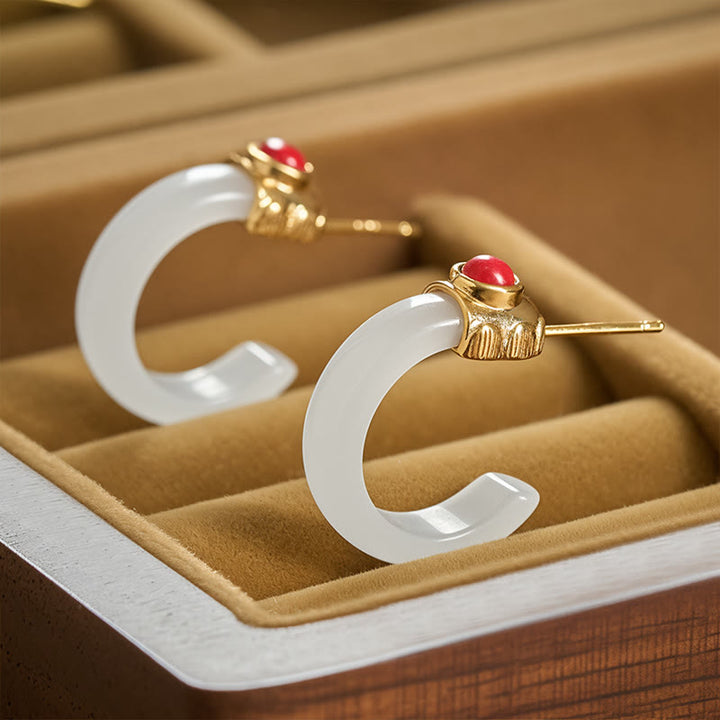 Boucles d'oreilles créoles rondes en jade Hetian plaqué or et cuivre, ornées de Buddha Stones - Jade blanc - image 5