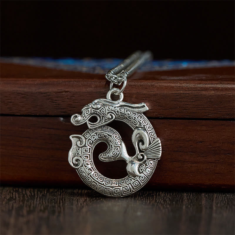 Collier pendentif en argent plaqué cuivre représentant un dragon enroulé tibétain en Buddha Stones - image 1