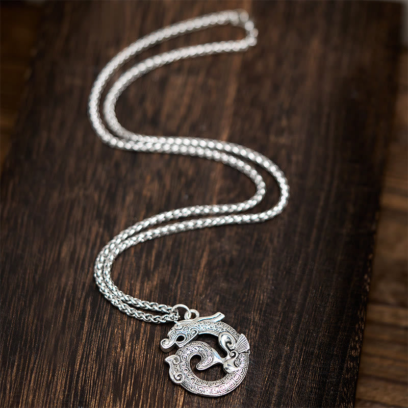 Collier pendentif en argent plaqué cuivre représentant un dragon enroulé tibétain en Buddha Stones - image 4