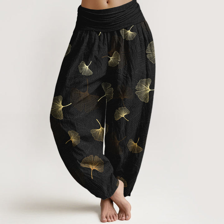 Pantalon harem à taille élastique pour femme, en coton à motif ginkgo élégant et Buddha Stones - Noir - US16，UK/AU20，EU48 (3XL) - image 0