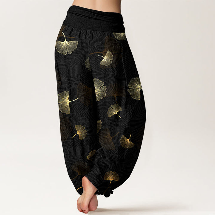 Pantalon harem à taille élastique pour femme, en coton à motif ginkgo élégant et Buddha Stones - image 1