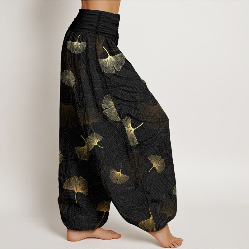 Pantalon harem à taille élastique pour femme, en coton à motif ginkgo élégant et Buddha Stones - image 2
