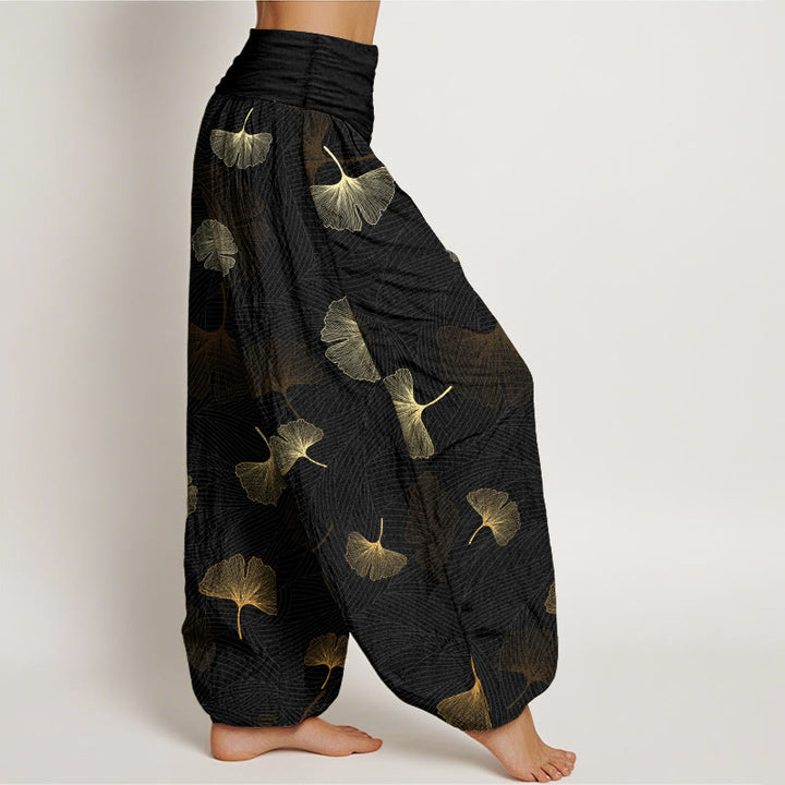 Pantalon harem à taille élastique pour femme, en coton à motif ginkgo élégant et Buddha Stones - image 2