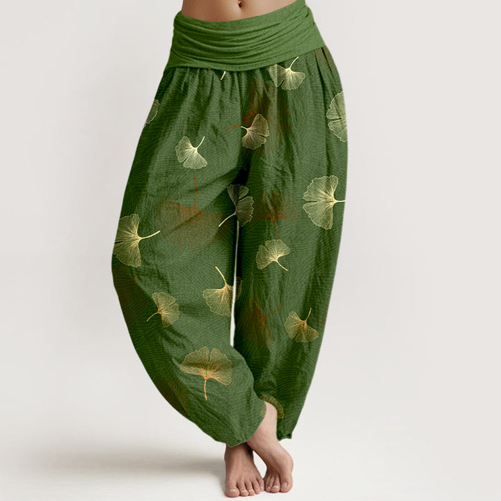 Pantalon harem à taille élastique pour femme, en coton à motif ginkgo élégant et Buddha Stones - Vert - US16，UK/AU20，EU48 (3XL) - image 5
