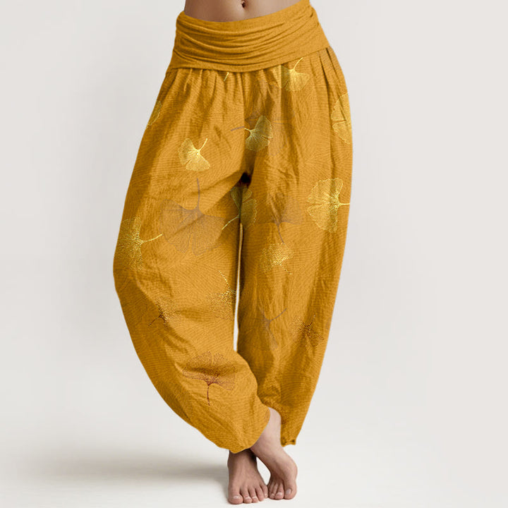 Pantalon harem à taille élastique pour femme, en coton à motif ginkgo élégant et Buddha Stones - verge d'or - US16，UK/AU20，EU48 (3XL) - image 8