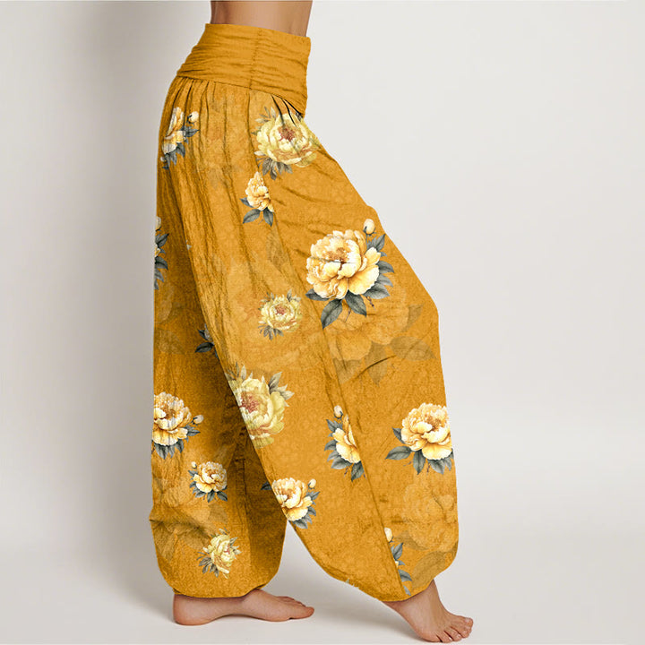 Pantalon harem pour femme en coton à motif pivoines délicates et taille élastique, orné de Buddha Stones - image 2