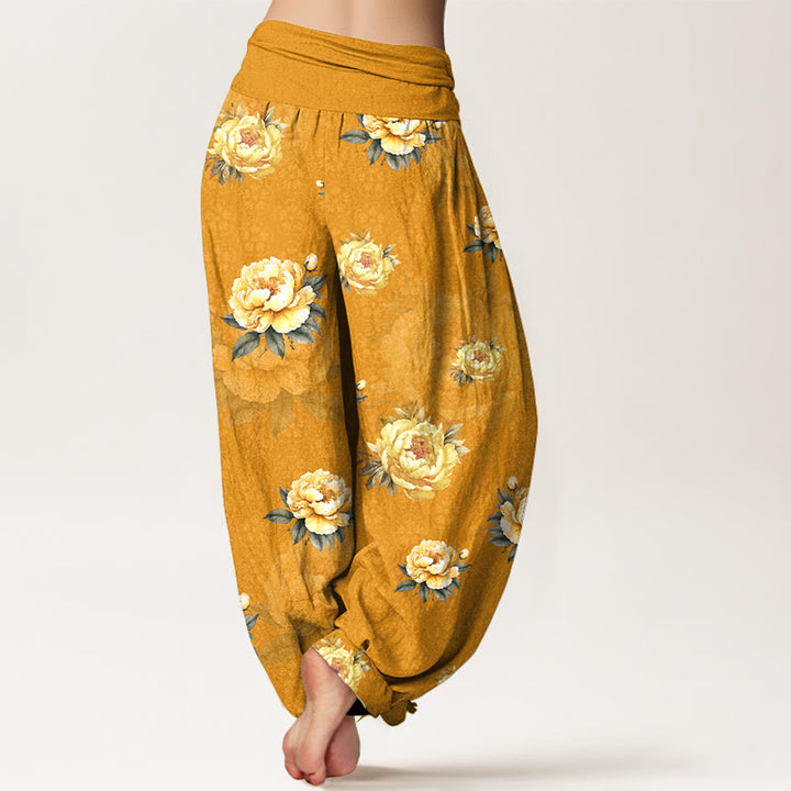 Pantalon harem pour femme en coton à motif pivoines délicates et taille élastique, orné de Buddha Stones - image 1