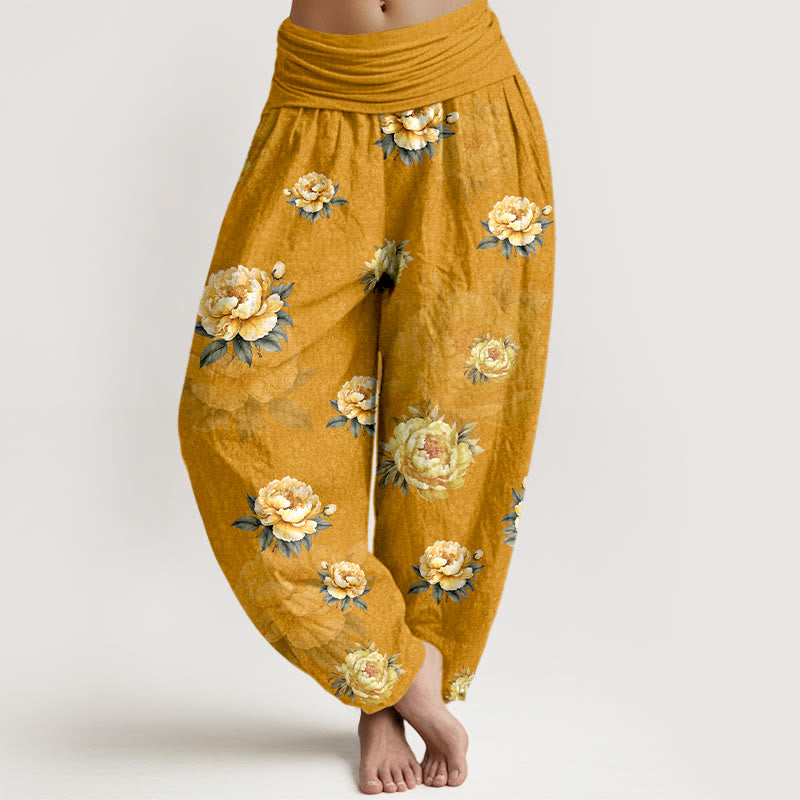 Pantalon harem pour femme en coton à motif pivoines délicates et taille élastique, orné de Buddha Stones - verge d'or - US16，UK/AU20，EU48 (3XL) - image 0