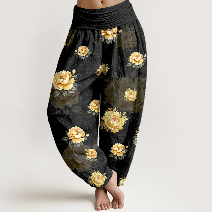 Pantalon harem pour femme en coton à motif pivoines délicates et taille élastique, orné de Buddha Stones - Noir - US16，UK/AU20，EU48 (3XL) - image 5