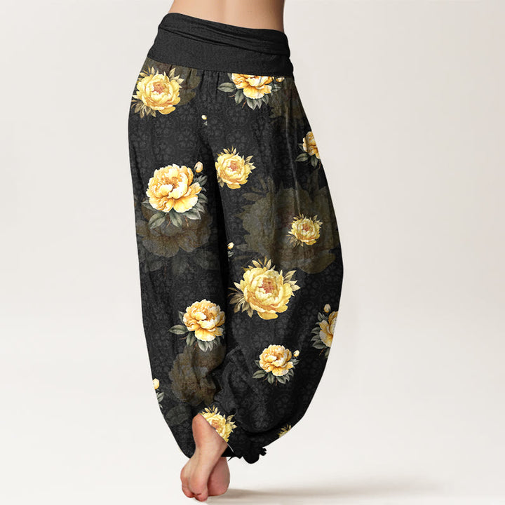 Pantalon harem pour femme en coton à motif pivoines délicates et taille élastique, orné de Buddha Stones - image 6