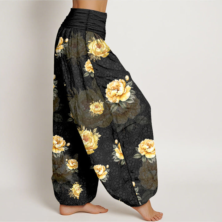 Pantalon harem pour femme en coton à motif pivoines délicates et taille élastique, orné de Buddha Stones - image 7