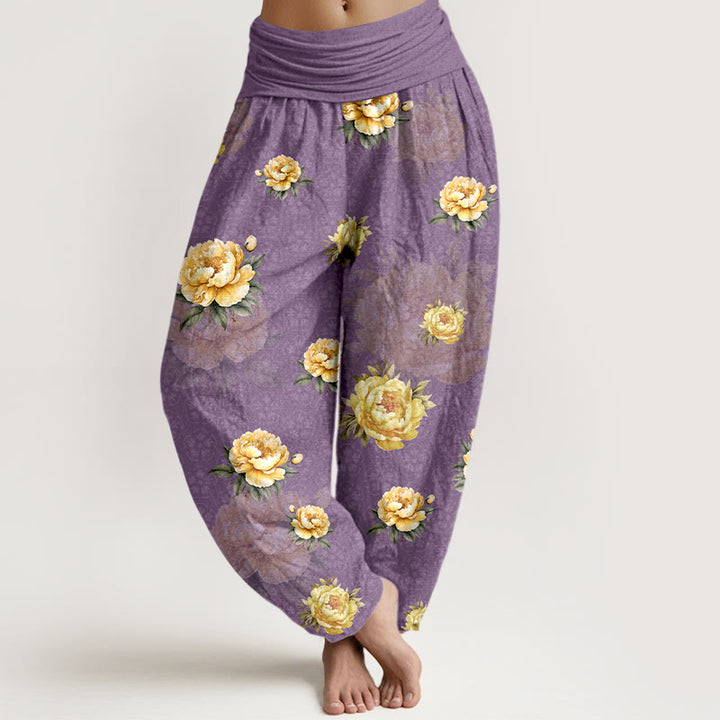 Pantalon harem pour femme en coton à motif pivoines délicates et taille élastique, orné de Buddha Stones - Orchidée moyenne - US16，UK/AU20，EU48 (3XL) - image 8