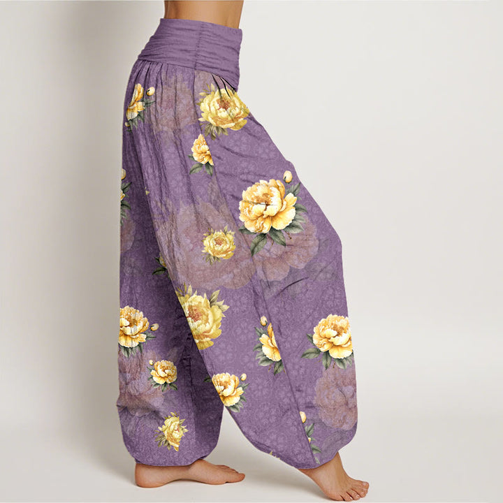 Pantalon harem pour femme en coton à motif pivoines délicates et taille élastique, orné de Buddha Stones - image 10