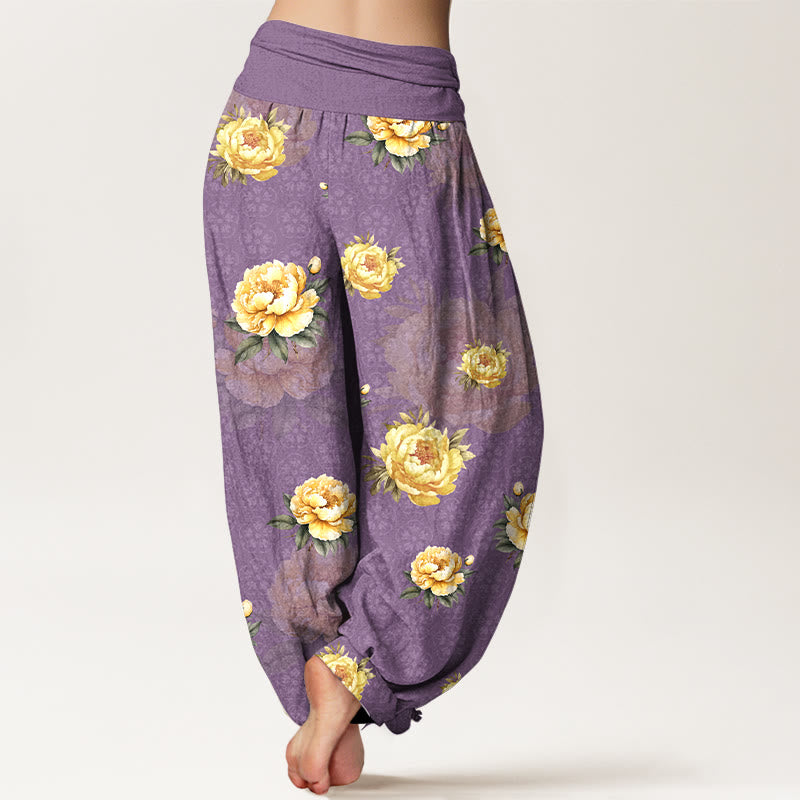 Pantalon harem pour femme en coton à motif pivoines délicates et taille élastique, orné de Buddha Stones - image 9