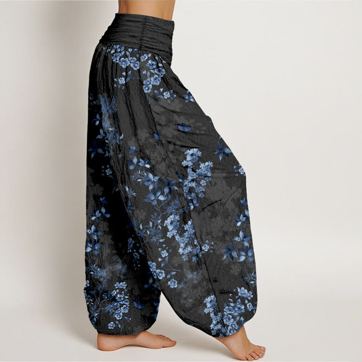 Pantalon harem à taille élastique pour femme, en coton à motif floral et feuilles vaporeuses avec Buddha Stones - image 2