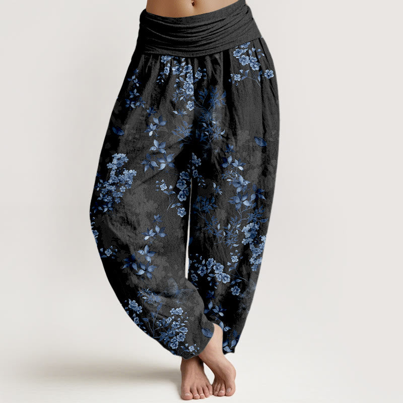 Pantalon harem à taille élastique pour femme, en coton à motif floral et feuilles vaporeuses avec Buddha Stones - Noir - US16，UK/AU20，EU48 (3XL) - image 0