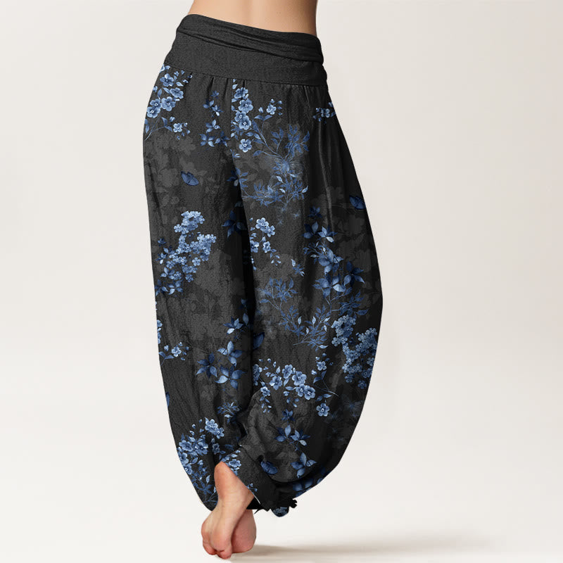Pantalon harem à taille élastique pour femme, en coton à motif floral et feuilles vaporeuses avec Buddha Stones - image 1