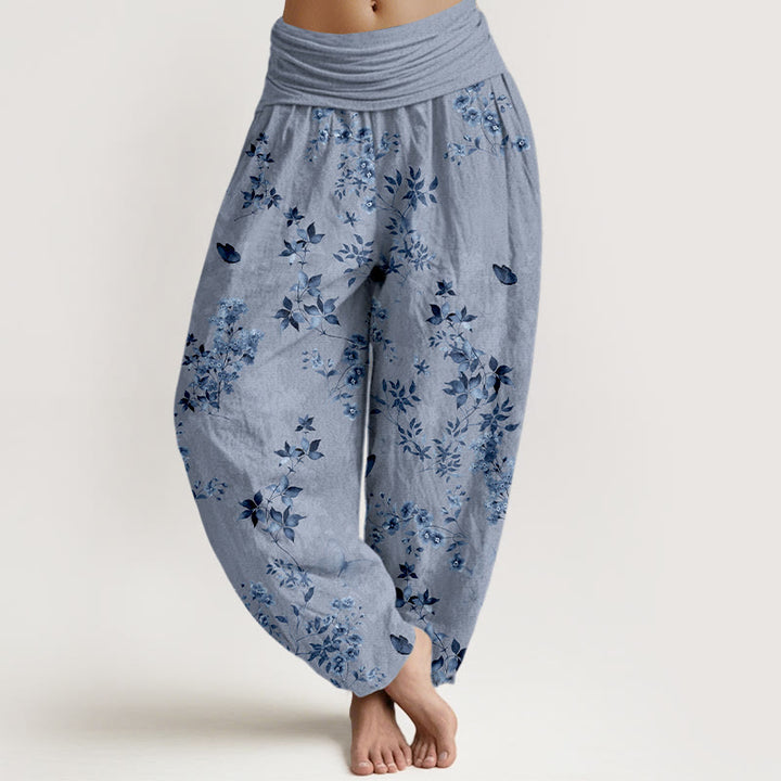 Pantalon harem à taille élastique pour femme, en coton à motif floral et feuilles vaporeuses avec Buddha Stones - Bleu acier clair - US16，UK/AU20，EU48 (3XL) - image 8