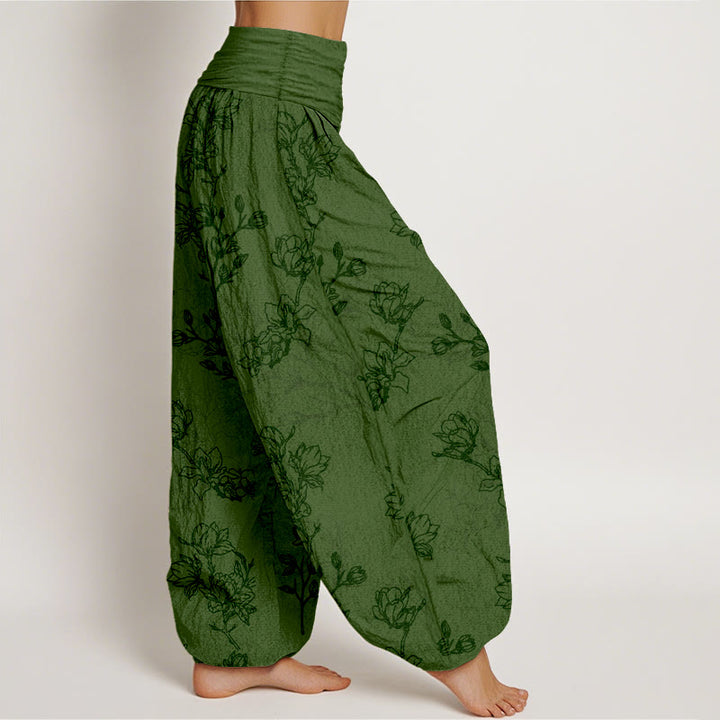 Pantalon harem à taille élastique pour femme, en coton à motif de boutons de fleurs simples et de Buddha Stones - image 2