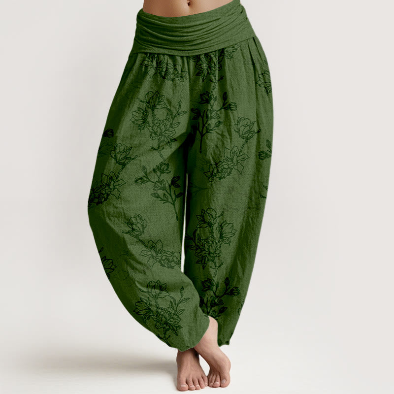 Pantalon harem à taille élastique pour femme, en coton à motif de boutons de fleurs simples et de Buddha Stones - Vert foncé - US16，UK/AU20，EU48 (3XL) - image 0