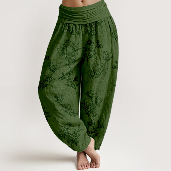 Pantalon harem à taille élastique pour femme, en coton à motif de boutons de fleurs simples et de Buddha Stones - Vert foncé - US16，UK/AU20，EU48 (3XL) - image 0