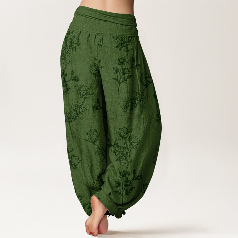 Pantalon harem à taille élastique pour femme, en coton à motif de boutons de fleurs simples et de Buddha Stones - image 1