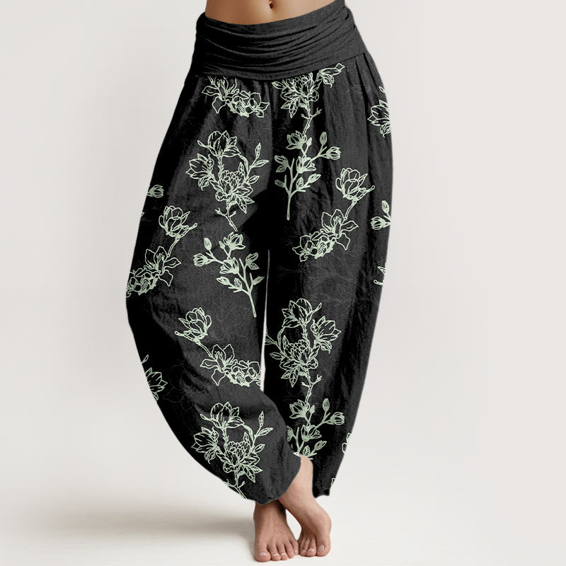 Pantalon harem à taille élastique pour femme, en coton à motif de boutons de fleurs simples et de Buddha Stones - Noir - US16，UK/AU20，EU48 (3XL) - image 5