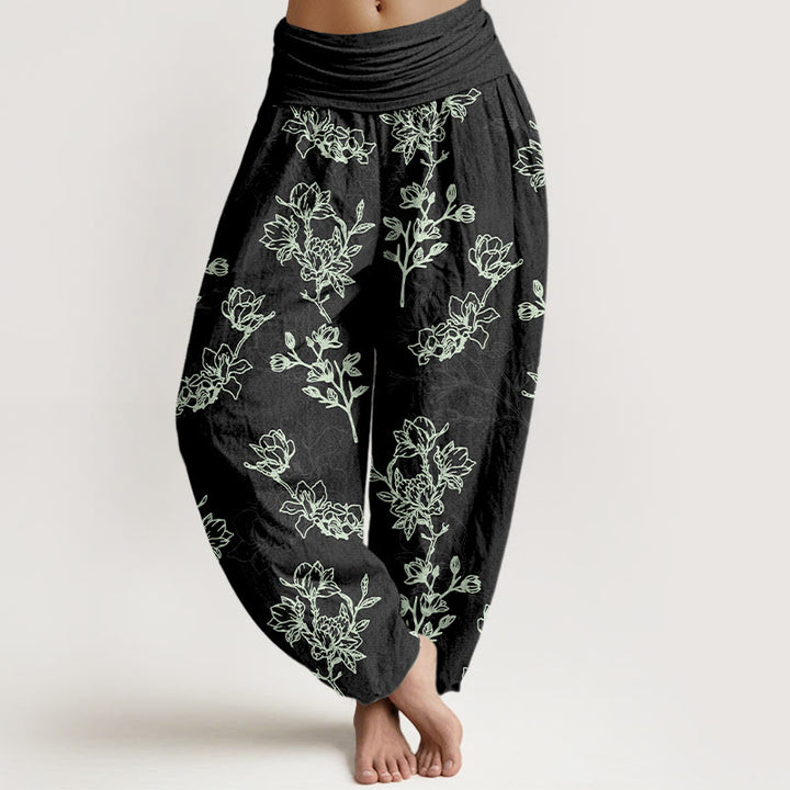 Pantalon harem à taille élastique pour femme, en coton à motif de boutons de fleurs simples et de Buddha Stones - Noir - US16，UK/AU20，EU48 (3XL) - image 5