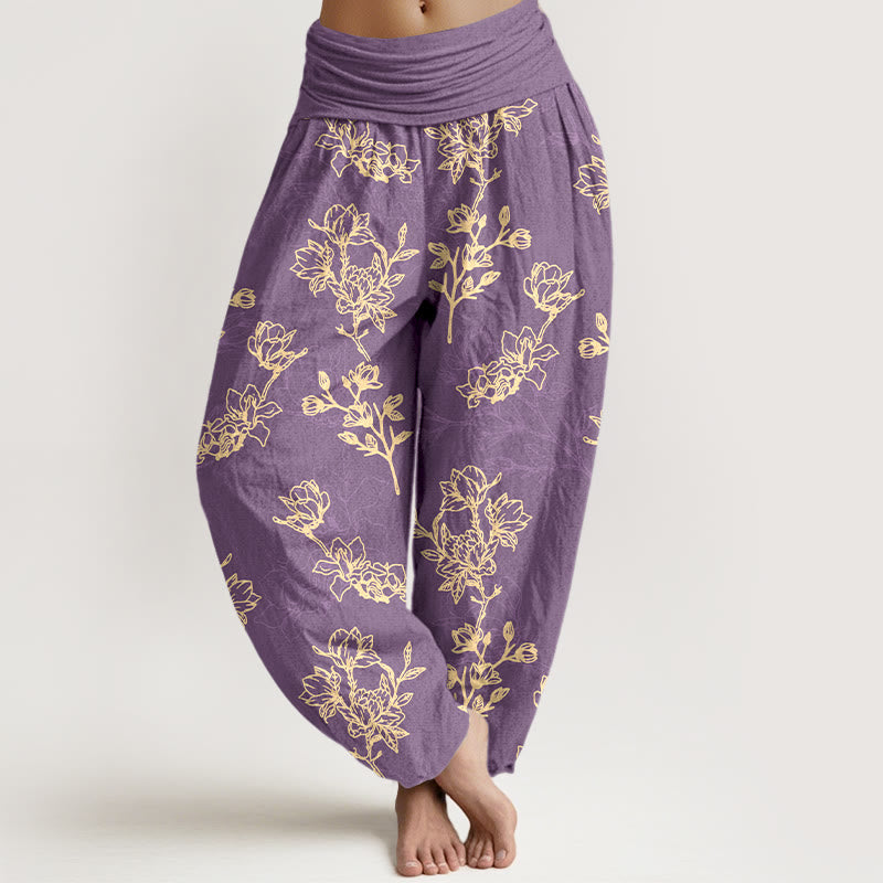 Pantalon harem à taille élastique pour femme, en coton à motif de boutons de fleurs simples et de Buddha Stones - Violet moyen - US16，UK/AU20，EU48 (3XL) - image 8