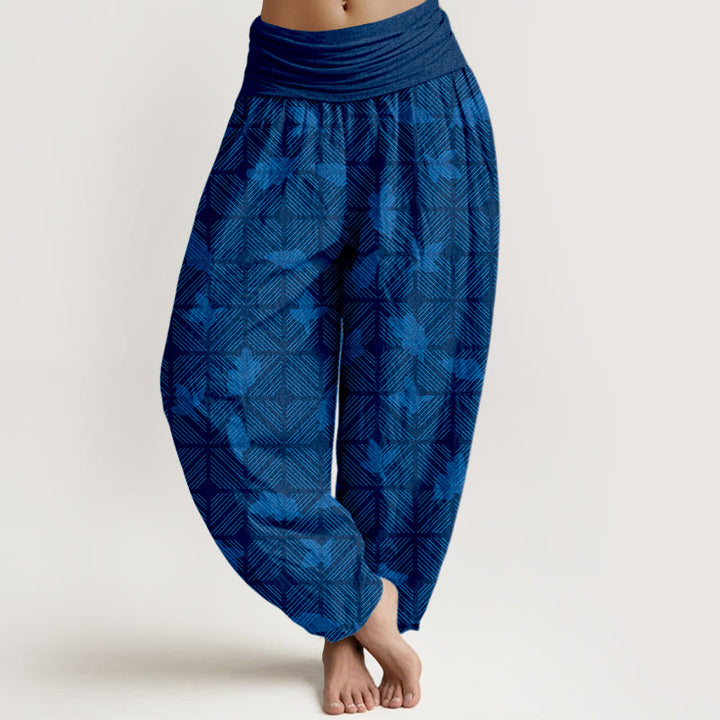 Pantalon harem pour femme en coton à motif de feuilles à carreaux soigneusement disposées, orné de Buddha Stones. Taille élastique. - Bleu foncé - US16，UK/AU20，EU48 (3XL) - image 0