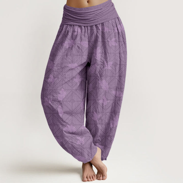 Pantalon harem pour femme en coton à motif de feuilles à carreaux soigneusement disposées, orné de Buddha Stones. Taille élastique. - Orchidée moyenne - US16，UK/AU20，EU48 (3XL) - image 8