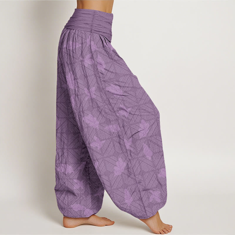 Pantalon harem pour femme en coton à motif de feuilles à carreaux soigneusement disposées, orné de Buddha Stones. Taille élastique. - image 10